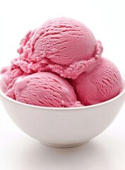 Three scoops of pink ice cream in a white bowl against a white background.