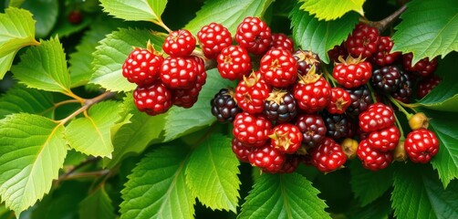 Lush green mulberry leaves frame vibrant ripe mulberries on a branch, antioxidant, agriculture