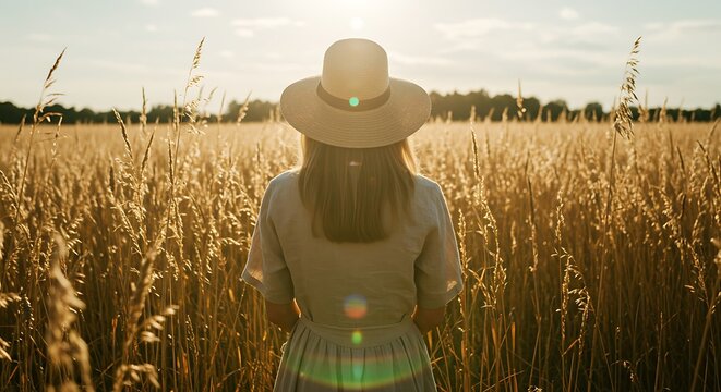 Woman in sunlit field - serenity and contemplation - print, website, or nature blog.