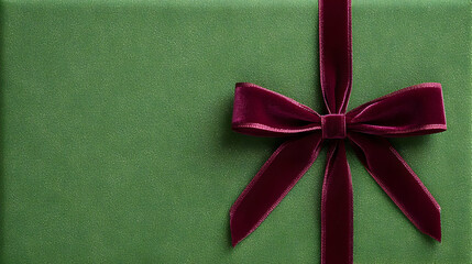 Elegant Red Velvet Ribbon Bow On Green Glitter Background