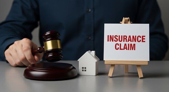 Insurance claim concept represented by gavel, house model, and sign - legal and financial theme - for articles and websites