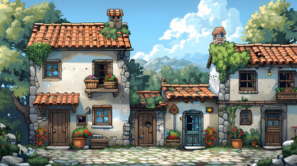 Pixel Art Depiction of European Village Homes with Weathered Stone Buildings Featuring Red Tile Roofs and Climbing Greenery Under a Clear Blue Sky