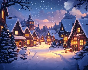 Fototapeta premium Illuminated Christmas village scene, stylized cartoon buildings, snowcovered streets, warm glowing windows, magical winter night, cheerful holiday atmosphere