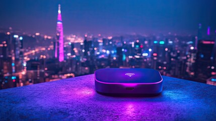 Sleek wifi router glowing in vibrant purple hues, set against a futuristic city backdrop