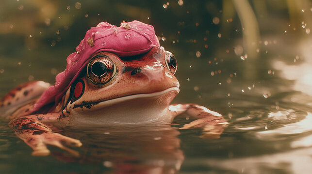 Close up of a frog in water wearing a pink flower hat with water droplets around it in nature