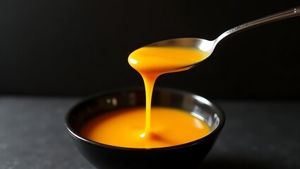 Rich velvety pumpkin soup pouring from a spoon into a dark bowl, a warm autumnal delight.