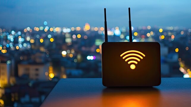 Illuminated wifi router against bokeh cityscape, emphasizing connectivity