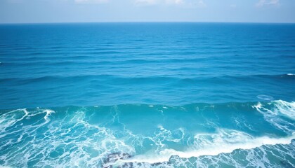 Fototapeta premium Vast ocean panorama, endless horizon, blue waves crashing on shore, horizon, seascape