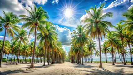 Serene Pathway Through a Lush Tropical Palm Grove on a Sunny Day