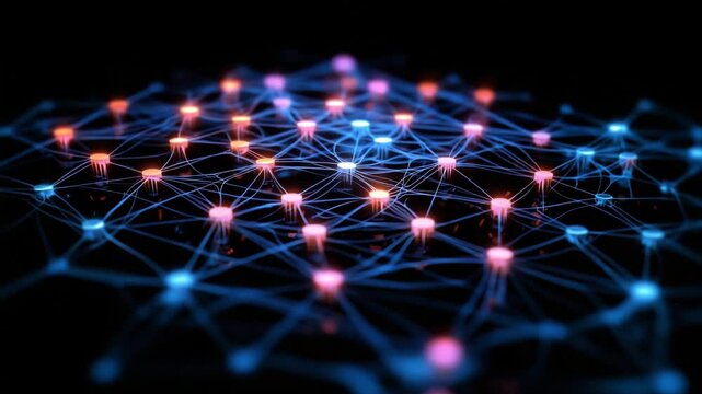 Hologram of network topology with glowing nodes and connections &mdash; data and tech visualization
