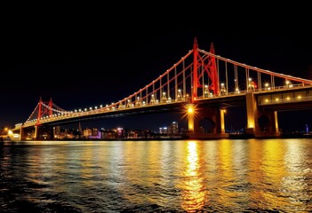 Fototapeta premium City harbor bridge at night, illuminated, reflecting in dark water, detail, bridge