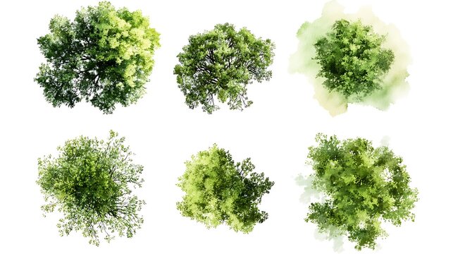 Watercolor trees plan map aerial layout forest foliage green top view drawing botanical picture
