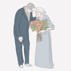 happy old man and old woman love by years with flowers inn woman hands