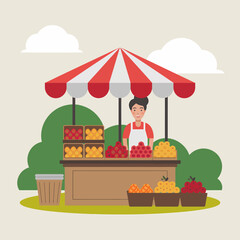 Fruit stall vendor selling fresh produce under a striped awning