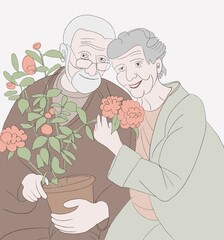 happy old man and old woman love by years with flowers in the pot