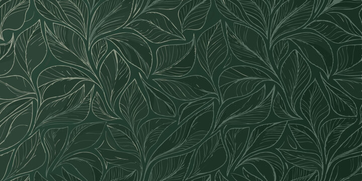 Seamless Ginkgo Leaf Pattern on Dark Green Background tropical leaf Wallpaper, Luxury nature leaves pattern design, Golden banana leaf line arts, Hand drawn outline design for fabric , print, cover