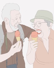 happy old man and old woman love by years eating ice-cream and smiling