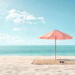 Serene beach scene with a pink umbrella and calm ocean under a clear blue sky.