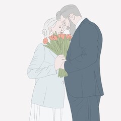 happy old man and old woman love by years with tulips hugging each other