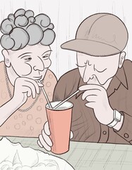 happy old man and old woman love by years drinking from one glass