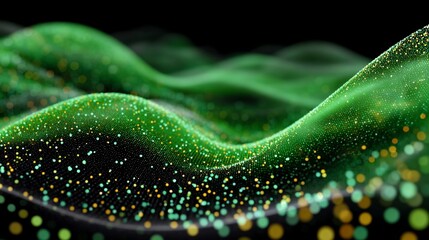 Green undulating surface with sparkling gold and teal dots against a dark backdrop