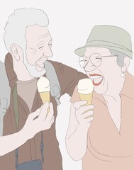 happy old man and old woman love by years eating ice-cream and smiling