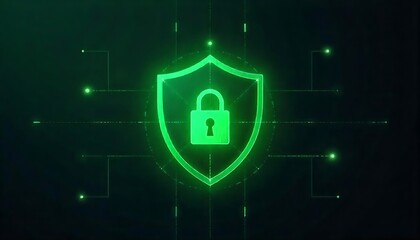  green shield-shaped security icon with a padlock symbol, surrounded by a dark background with glowing green dots and lines, suggesting a cybersecurity or digital protection,created with generative ai