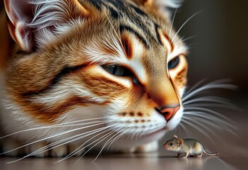 Close-up of a house cat intently watching a small mouse, stalking, wild