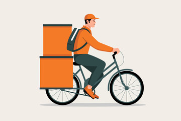Delivery Man on Bicycle Delivering Parcels, Courier Service, Vector Illustration
