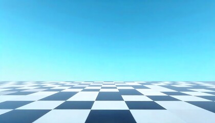 Checkered surface receding into blue sky, ideal for abstract backgrounds., A black and white checkered floor with a gradient blue sky background, created with generative ai