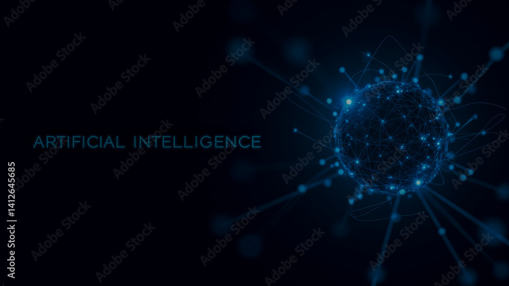 Poster futuristic visualization of artificial intelligence with blue nodes connecting in a dark space for t