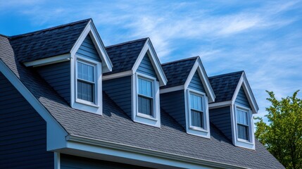 Dormer windows on the sloped shingle roof of a newly built house in Brighton Massachusetts USA : Generative AI.