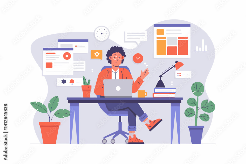 Poster freelancer working remotely at desk with laptop and data dashboards