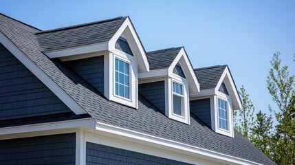 Dormer windows on the sloped shingle roof of a newly built house in Brighton Massachusetts USA : Generative AI.