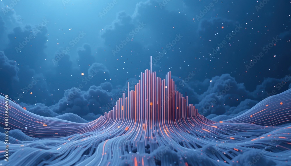 Poster dynamic visualization of sound waves abstract digital environment 3d graph representation atmospheri