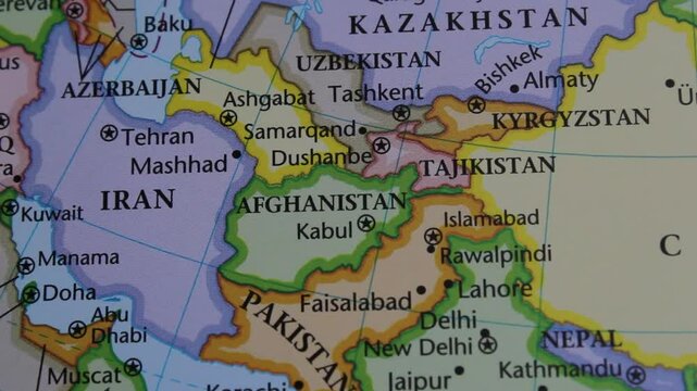 close up of the country of Afghanistan viewed on a wold map as a travel concept. Afghanistan on a map. Political map of Afghanistan 
