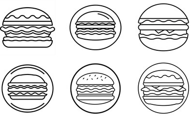 Set of Black Line Burger Icons, Minimalist Fast Food Design,