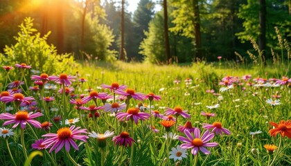 Sun-drenched wildflowers burst forth in a vibrant meadow, nestled within a verdant forest, flora, wallpaper
