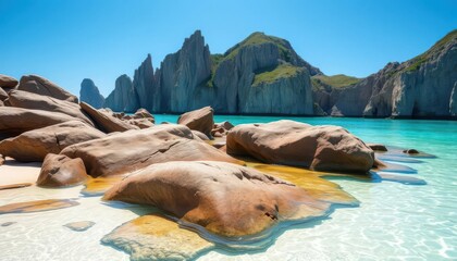 Fototapeta premium Crystal-clear turquoise water laps smooth rocks on a pristine beach, dramatic cliffs in the distance, beach, seascape