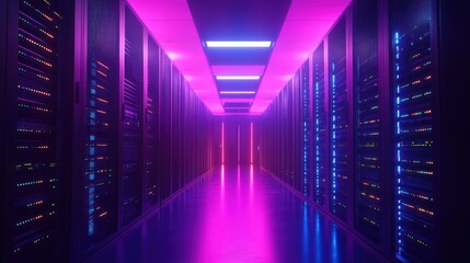 Fototapeta premium Futuristic data center illuminated with neon lights showcasing server racks
