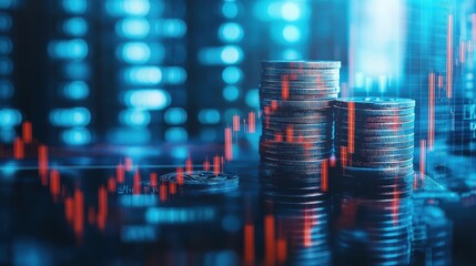 Double exposure image of coin stacks on technology financial graph backgroundEconomy trends background for business financial meltdown Cryptocurrency digital economy : Generative.