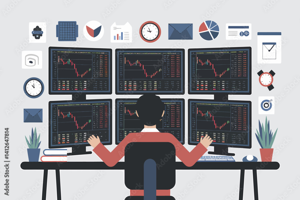Poster stock trader analyzing market data on multiple monitors illustration