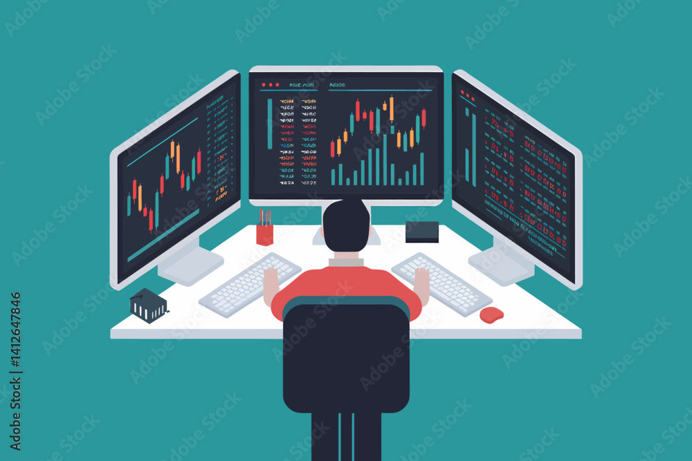 Poster day trader analyzing stock market data on multiple computer screens