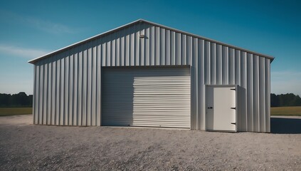 Obraz premium Metal storage shed and garage with a open garage door set on a gravel or dirt surface against a clear blue sky created with generative ai