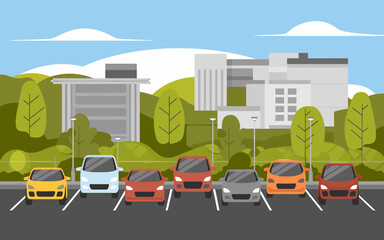 Cars parked in parking lot near modern building, vector illustration