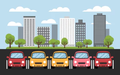 Gardinen Colorful Cars Parked in Urban Cityscape Illustration with Buildings and Trees © Dionysius