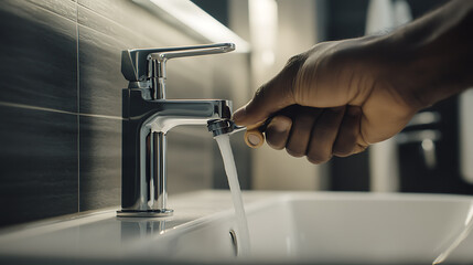 Plumber adjusting a faucet in a modern bathroom. Precision and function