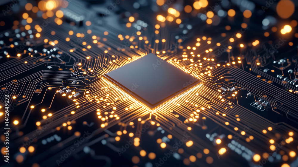 Poster glowing microchip on circuit board with intricate pathways and bright lights, symbolizing advanced t
