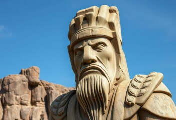 Ancient stone guardian, weathered cliff face, serene expression, eroded details, deity, ancient