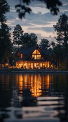 Lakeside Log Cabin at Dusk: A stunning log cabin nestled on the banks of a serene lake, its warm interior lights reflecting beautifully on the still water at dusk.